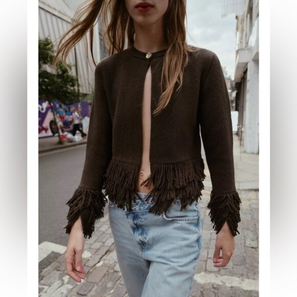 Zara FRINGED BUTTON KNIT CARDIGAN - Picture 2 of 9